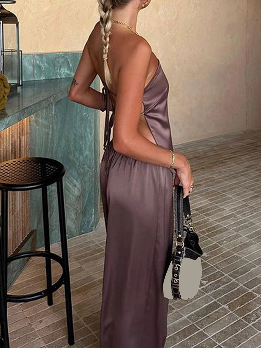 Vacation Outfit Set- Luxe Satin Duo Wide-Leg Pants & Strapless Backless Top- - Chuzko Women Clothing
