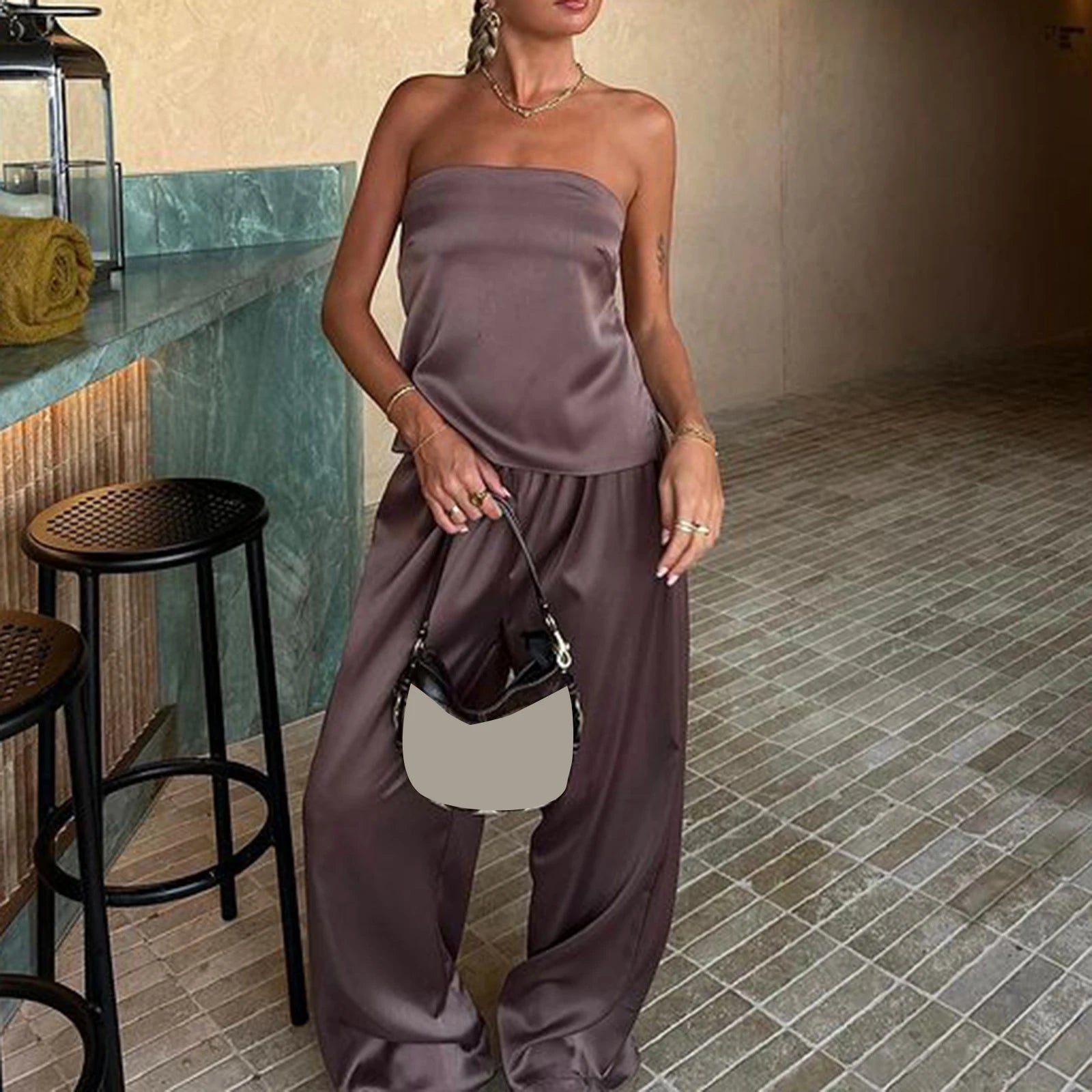 Vacation Outfit Set- Luxe Satin Duo Wide-Leg Pants & Strapless Backless Top- Brown- Chuzko Women Clothing