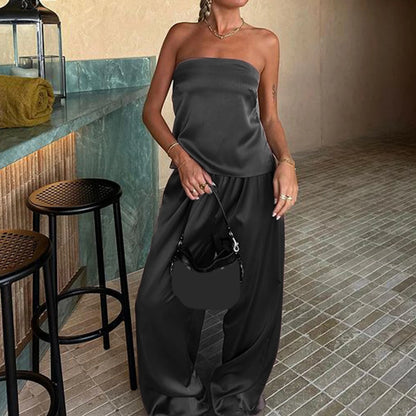 Vacation Outfit Set- Luxe Satin Duo Wide-Leg Pants & Strapless Backless Top- Black- Chuzko Women Clothing