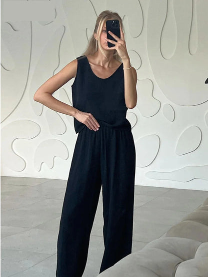 Vacation Outfit Set- Textured Cotton Two Piece Tank Top & Loose Pants for Lounging- Black- Chuzko Women Clothing