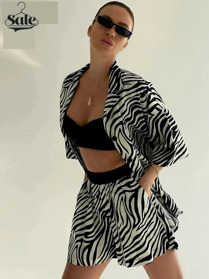 2-teiliges Hemd und Shorts mit Zebra-Print im Hawaii-Stil für Damen