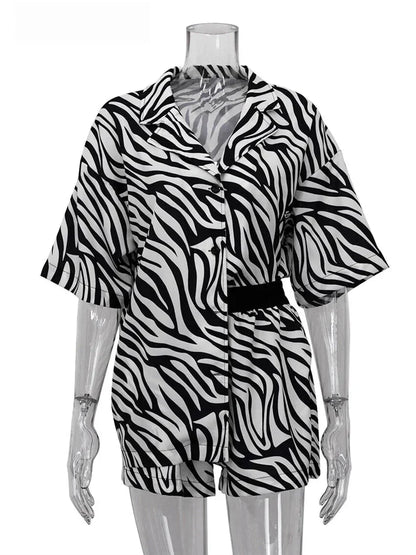 Women's 2 Piece Zebra Print Shirt & Shorts in Hawaiian Style