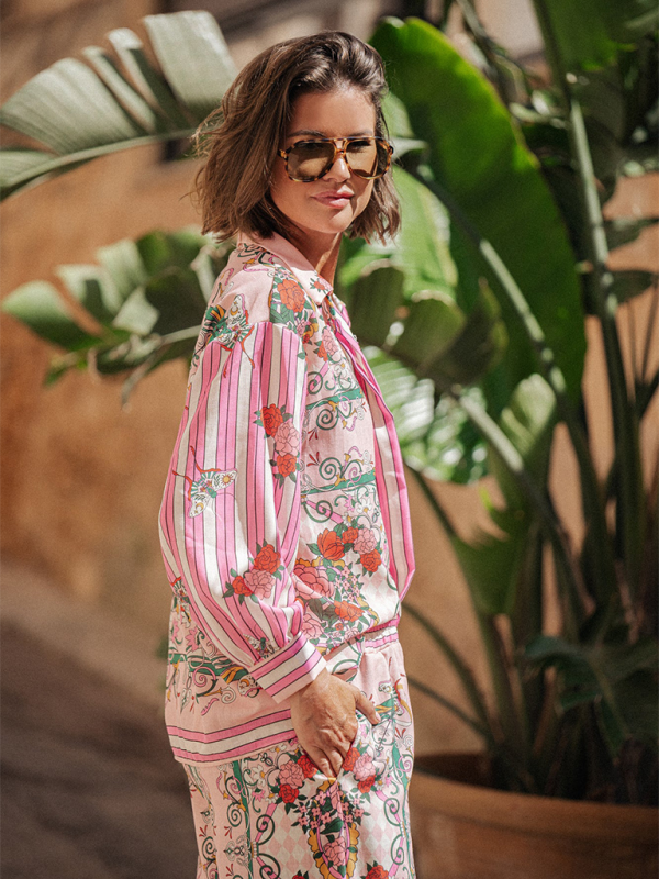 Vacation Outfits- Boho Floral Two-Piece Outfit - Long Sleeve Shirt & Pants- - Chuzko Women Clothing