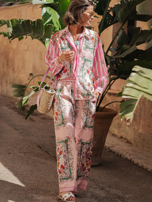 Vacation Outfits- Boho Floral Two-Piece Outfit - Long Sleeve Shirt & Pants- Pink- Chuzko Women Clothing