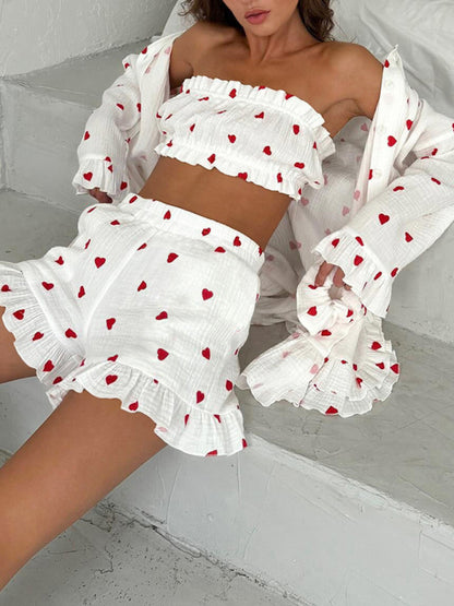 Love-Filled Loungewear - Short, haut tube et chemise en coton 3 pièces pour femmes