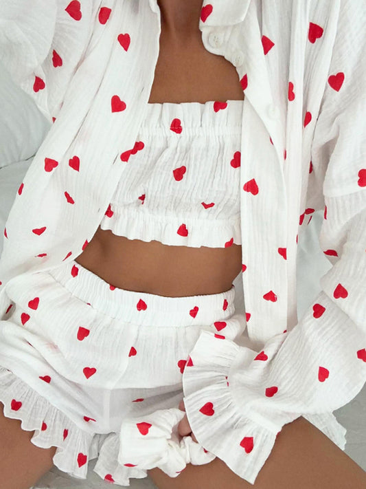Love-Filled Loungewear - Women's 3-Piece Cotton Shorts & Tube Top & Shirt