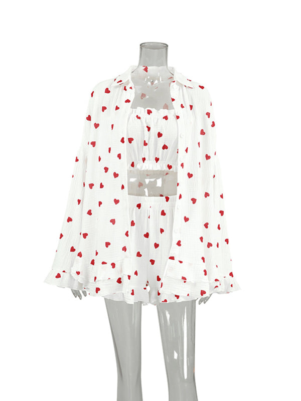 Loungewear voller Liebe – 3-teiliges Set aus Baumwollshorts, Tube-Top und Hemd für Damen
