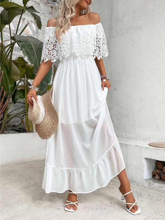 Vacay Dresses- Lace Panel Off-Shoulder Maxi Dress for Summer Beach Weddings- White- Chuzko Women Clothing