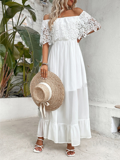 Vacay Dresses- Lace Panel Off-Shoulder Maxi Dress for Summer Beach Weddings- - Chuzko Women Clothing