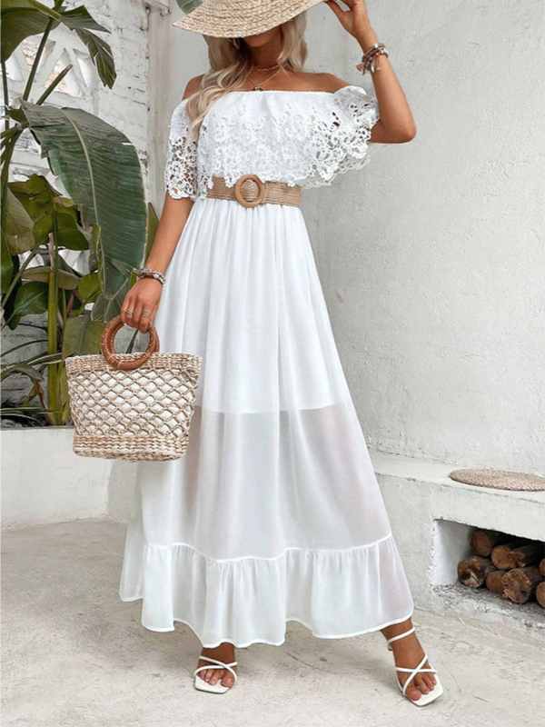 Vacay Dresses- Lace Panel Off-Shoulder Maxi Dress for Summer Beach Weddings- - Chuzko Women Clothing