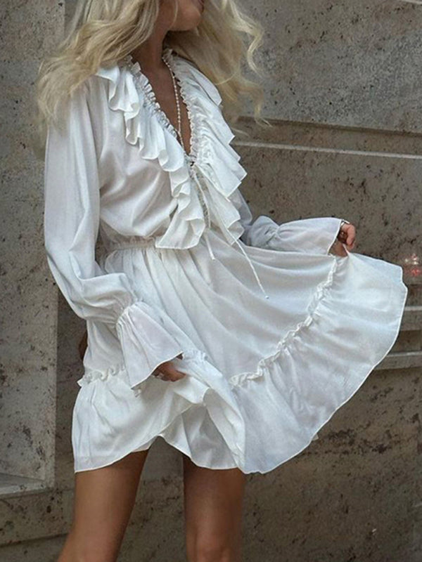 Vacay Dresses- Lantern Sleeves Women's Solid A-Line Vacation Dress with Ruffle Neckline- - Chuzko Women Clothing