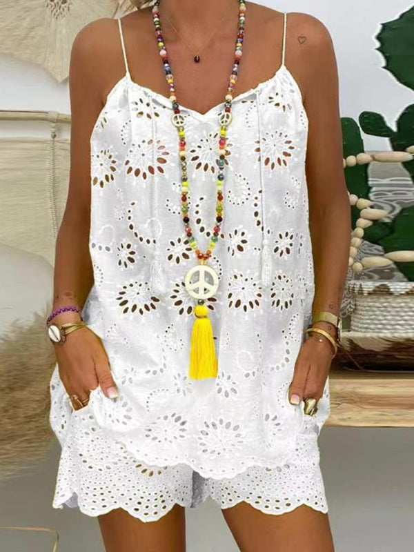 Vacay Outfits- Vacay Embroidered Shorts & Cami Top 2 Piece Set in Cotton Blend- White- Chuzko Women Clothing