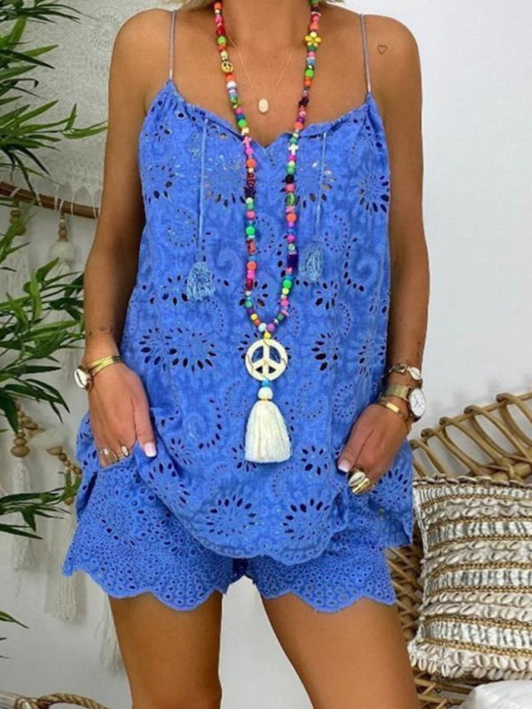 Vacay Outfits- Vacay Embroidered Shorts & Cami Top 2 Piece Set in Cotton Blend- Blue- Chuzko Women Clothing