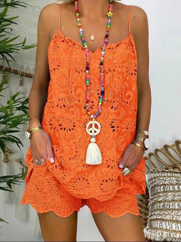 Vacay Outfits- Vacay Embroidered Shorts & Cami Top 2 Piece Set in Cotton Blend- Orange- Chuzko Women Clothing