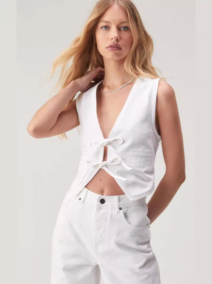 Vest Tops- Women's Denim Lace-Up Top Vest for Trendy Outfits- White- Chuzko Women Clothing