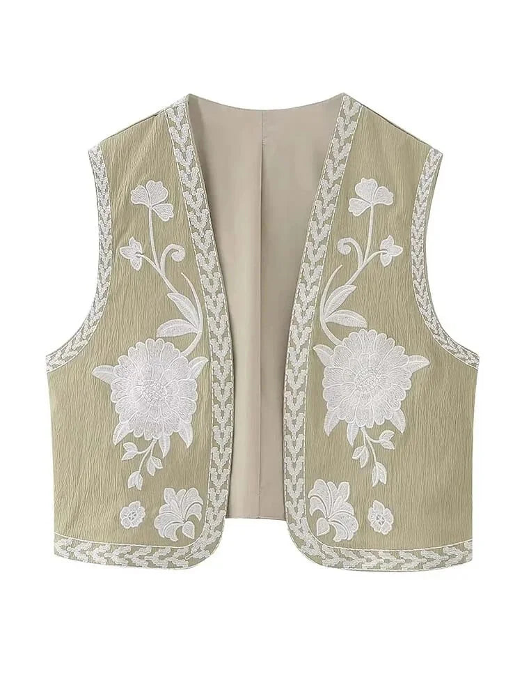 Vests- Artisanal Embroidered Cropped Waistcoat - Women Vintage Vest- as picture 1- Chuzko Women Clothing