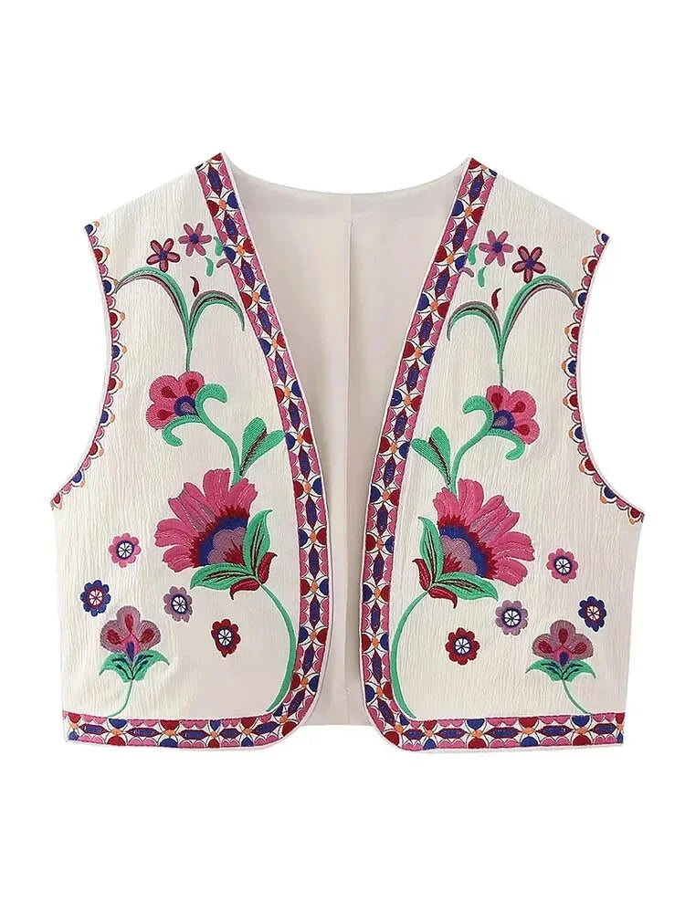 Vests- Artisanal Embroidered Cropped Waistcoat - Women Vintage Vest- as picture 2- Chuzko Women Clothing
