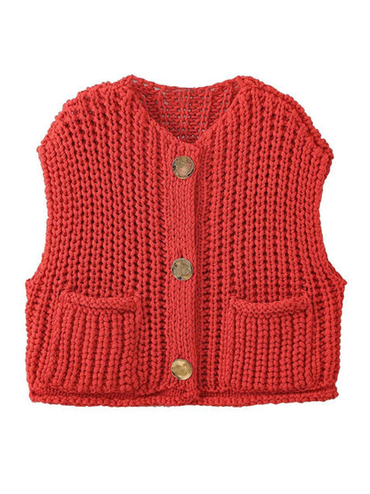 Buttoned Knit Vest - Women's Thick Cardigan