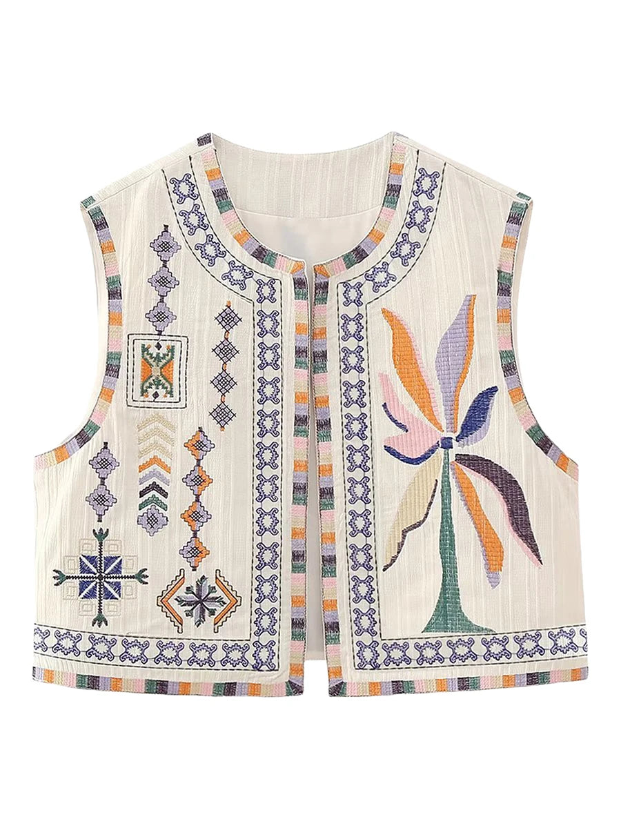 Vests- Women Boho Rhapsody Embroidered Vest Cropped Waistcoat- - Chuzko Women Clothing