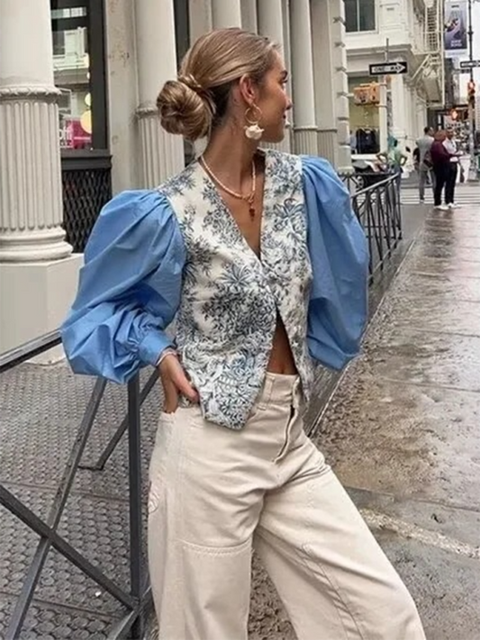 Vintage Blouses- Elegant Vintage V-Neck Blouse with Long Puff Sleeves- Blue- Chuzko Women Clothing