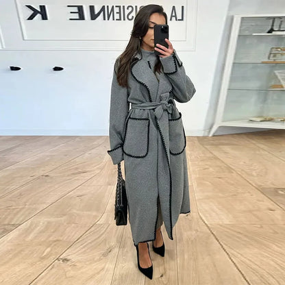 Embroidered Wrap Belted Coat in Cozy Faux Wool