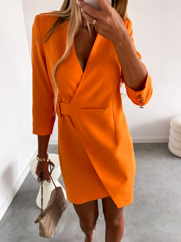 Wrap Dresses- Tailored Wrap Blazer Dress with Belt- Orange- Chuzko Women Clothing