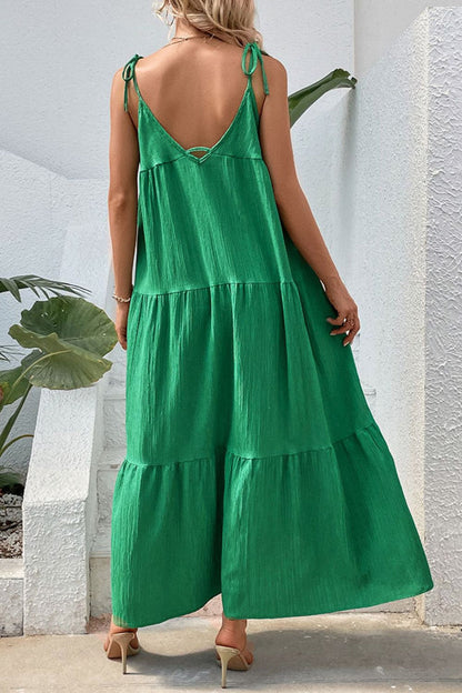 Solid Tie-Shoulder Cami Tiered Maxi Dress with V Open Back Maxi Dresses - Chuzko Women Clothing