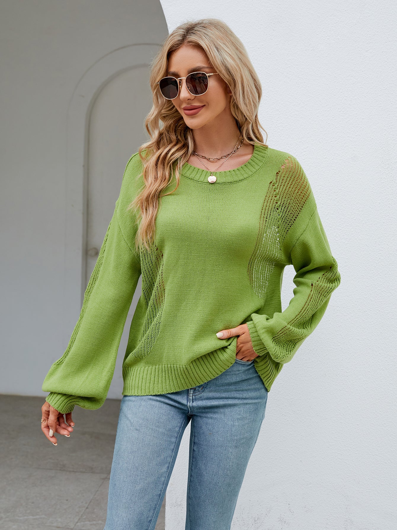 Contemporary Knitwear: Mesh Side Sweater - Perfect for Any Occasion! Sweaters - Chuzko Women Clothing