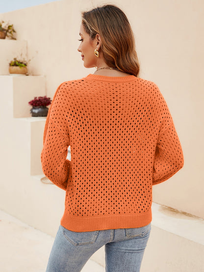 Women's Cotton Eyelet Sweater -  Round Neck Knitwear Pullover Sweaters - Chuzko Women Clothing