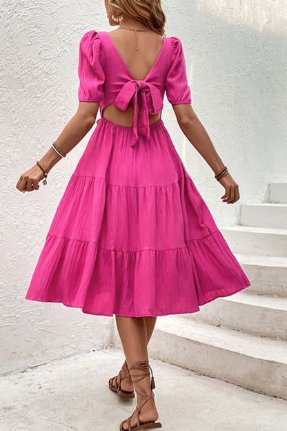 Women's Tiered Midi Dress: Smocked Design & Adjustable Bowknot Back Midi Dresses - Chuzko Women Clothing