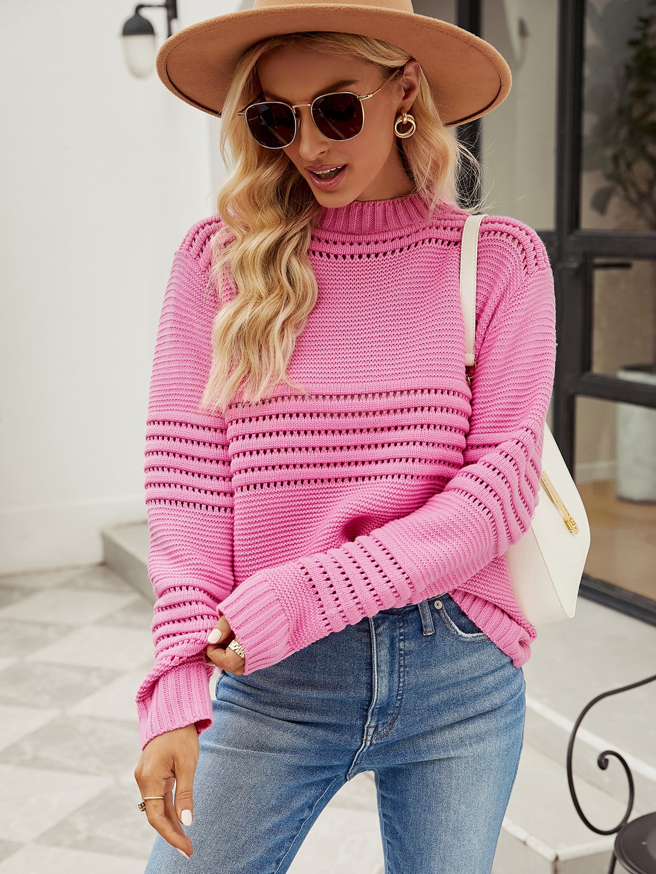 Charming Eyelet Accents Sweater - Women's Round Neck Knitted Pullover Sweaters - Chuzko Women Clothing