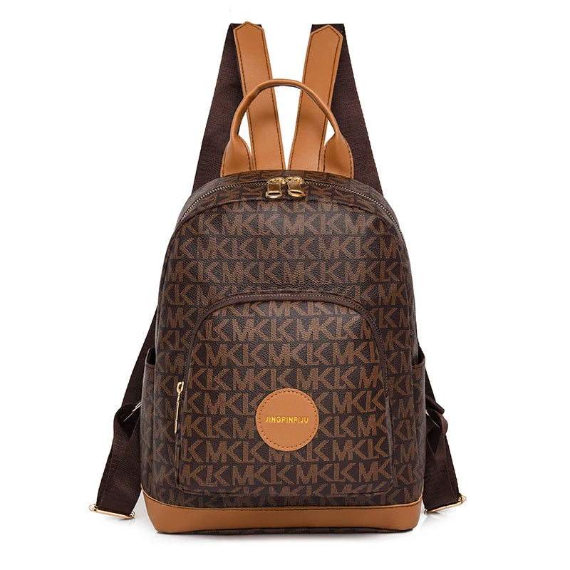 backpacks- Faux Leather Backpack with Multi-Compartment Design- Brown- Chuzko Women Clothing