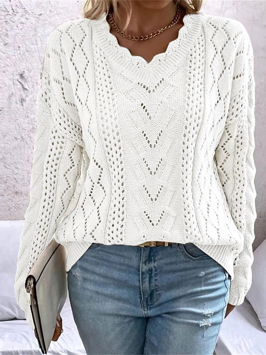Fall Cozy Openwork Knitted V-Neck Sweater Jumper Sweaters - Chuzko Women Clothing