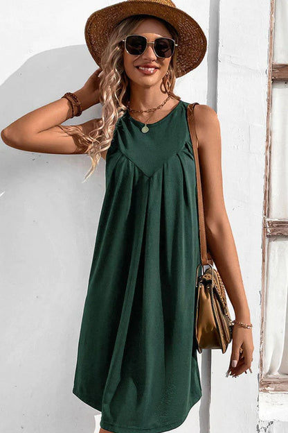 Chic and Confident: Pleated Round Neck Dress, Perfect for Any Occasion Mini Dresses - Chuzko Women Clothing