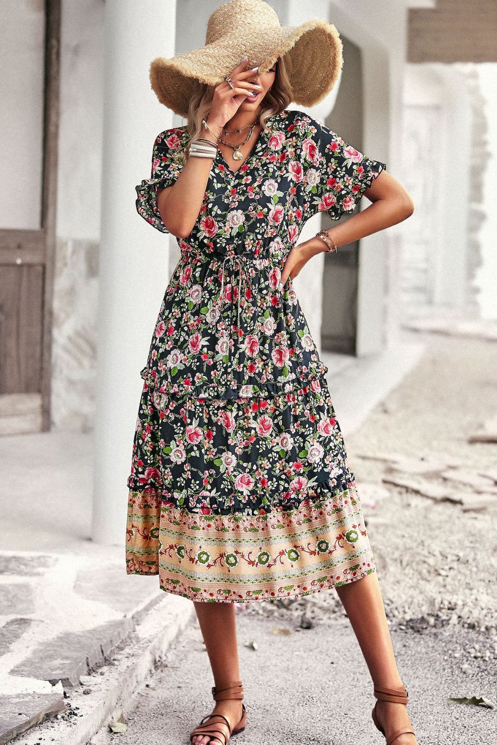 Boho Women's Floral Tiered Midi Dress with Waist Tie & Ruffle Accents Midi Dresses - Chuzko Women Clothing