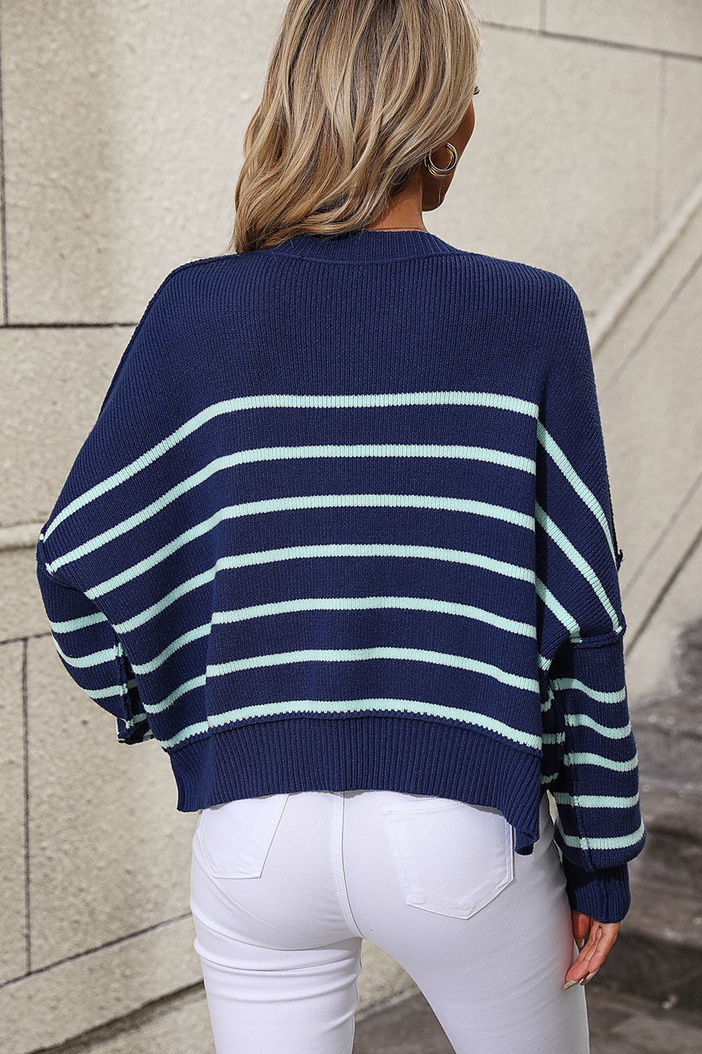 Stripe Crop Sweater - Women's Knitwear Round Ribbed Top Sweaters - Chuzko Women Clothing