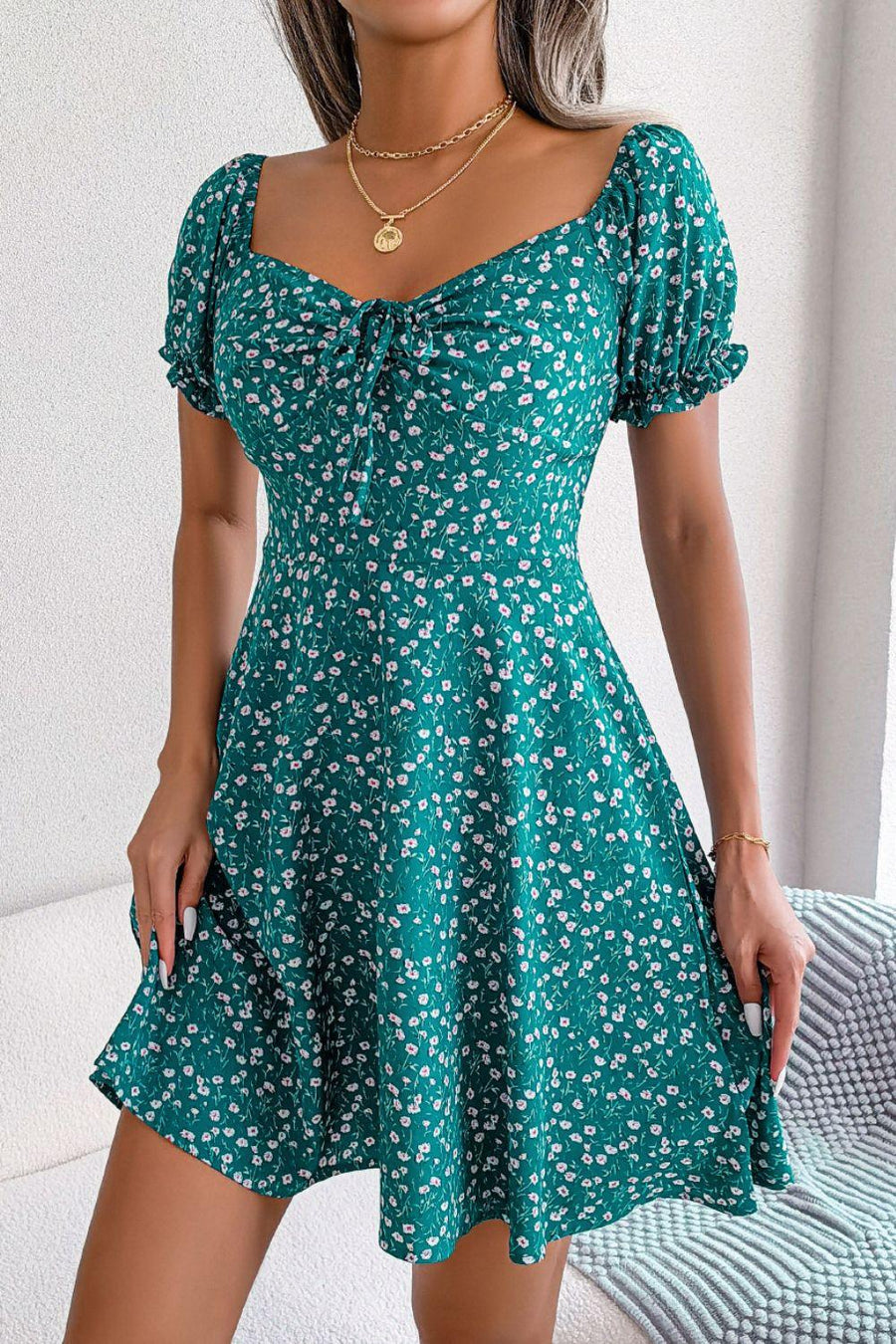 Chic and Comfy Floral A-Line Dress with Tie Front and Square Open Back Dresses - Chuzko Women Clothing