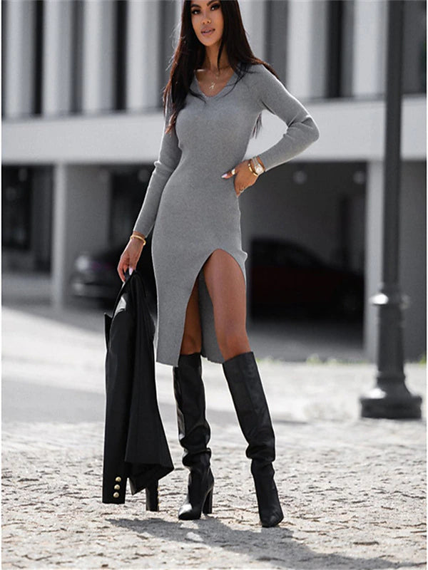 Solid Ribbed V-Neck Slit Leg Long Sleeve Bodycon Dress Bodycon Dresses - Chuzko Women Clothing
