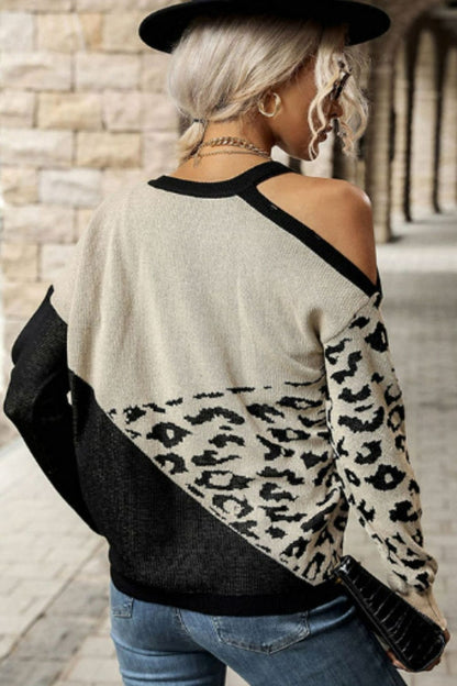 Leopard Knitted Cold Shoulder Sweater Sweaters - Chuzko Women Clothing