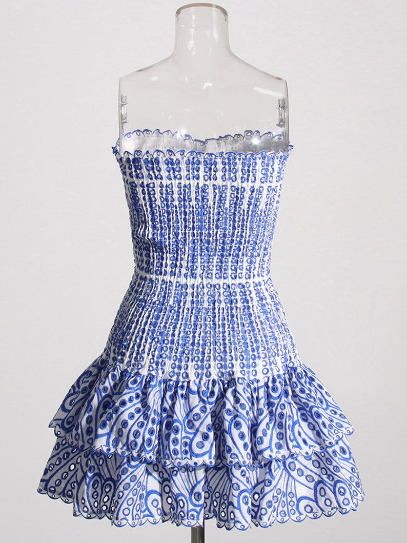 Blue Cottagecore Ruffle Eyelet Mini Dress - Cotton Strapless Tube Dress Mini Dresses - Chuzko Women Clothing