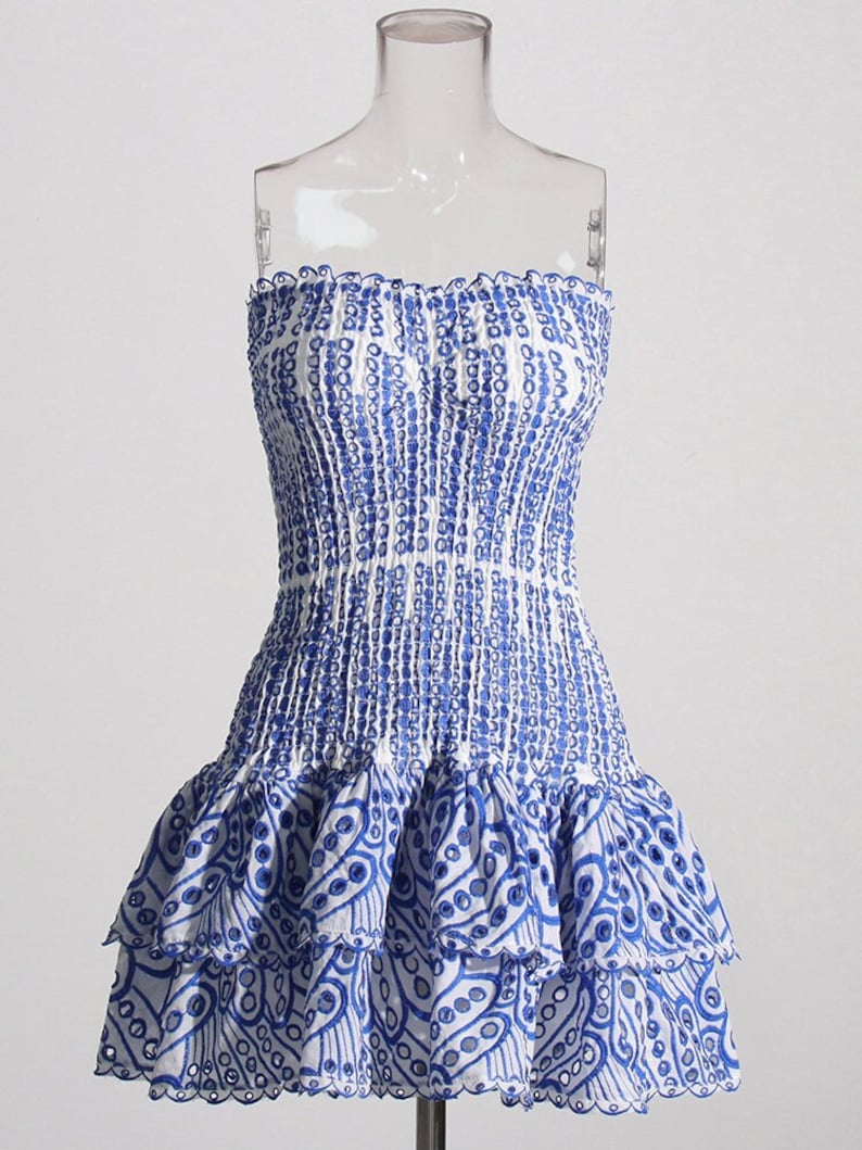 Blue Cottagecore Ruffle Eyelet Mini Dress - Cotton Strapless Tube Dress Mini Dresses - Chuzko Women Clothing