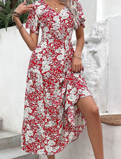 Elegant V Neck Midi Dress with Romantic Floral Print & Button Front Midi Dresses - Chuzko Women Clothing
