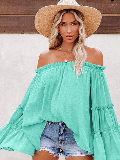 Summer Flowy Off-Shoulder Top  Blouse with Flared Sleeves