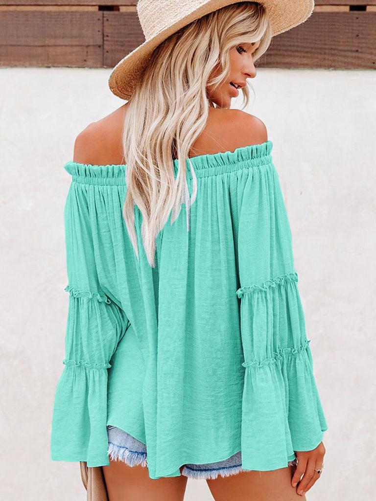 Summer Flowy Off-Shoulder Top  Blouse with Flared Sleeves