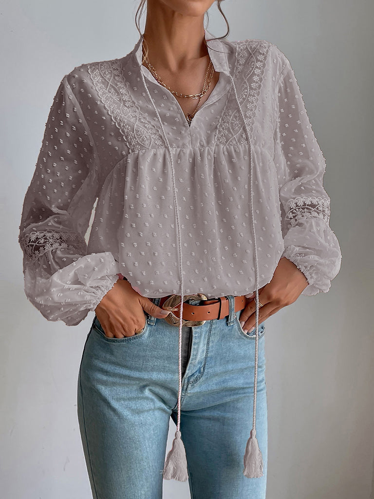 Chiffon Swiss Dot Casual Blouse with Long Sleeves