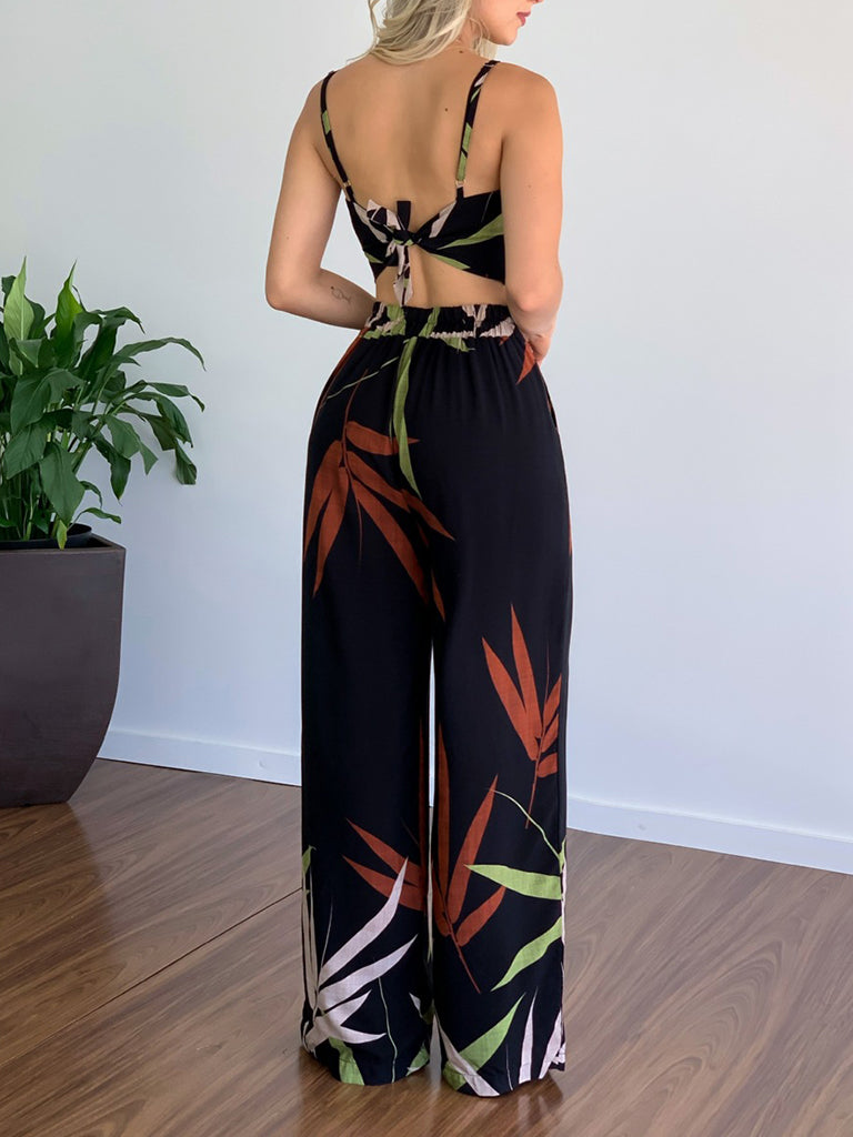 Vacation Print Suit Wide-Leg Pants & Cami Knot Crop Top Pants and Top - Chuzko Women Clothing