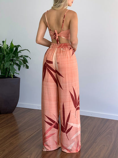 Vacation Print Suit Wide-Leg Pants & Cami Knot Crop Top Pants and Top - Chuzko Women Clothing