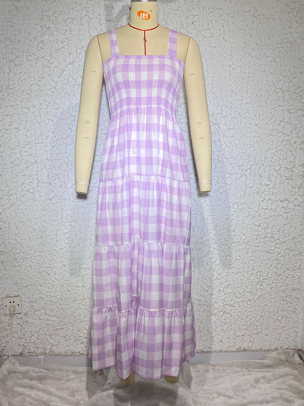 Plaid Tiered Shirred Cami Maxi Dress Dress - Chuzko Women Clothing