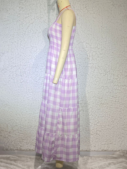 Plaid Tiered Shirred Cami Maxi Dress Dress - Chuzko Women Clothing