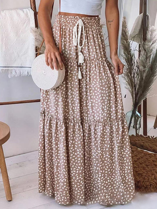 Boho Polka Dot Tiered Waist Tie Gypsy Maxi Skirt Skirt - Chuzko Women Clothing